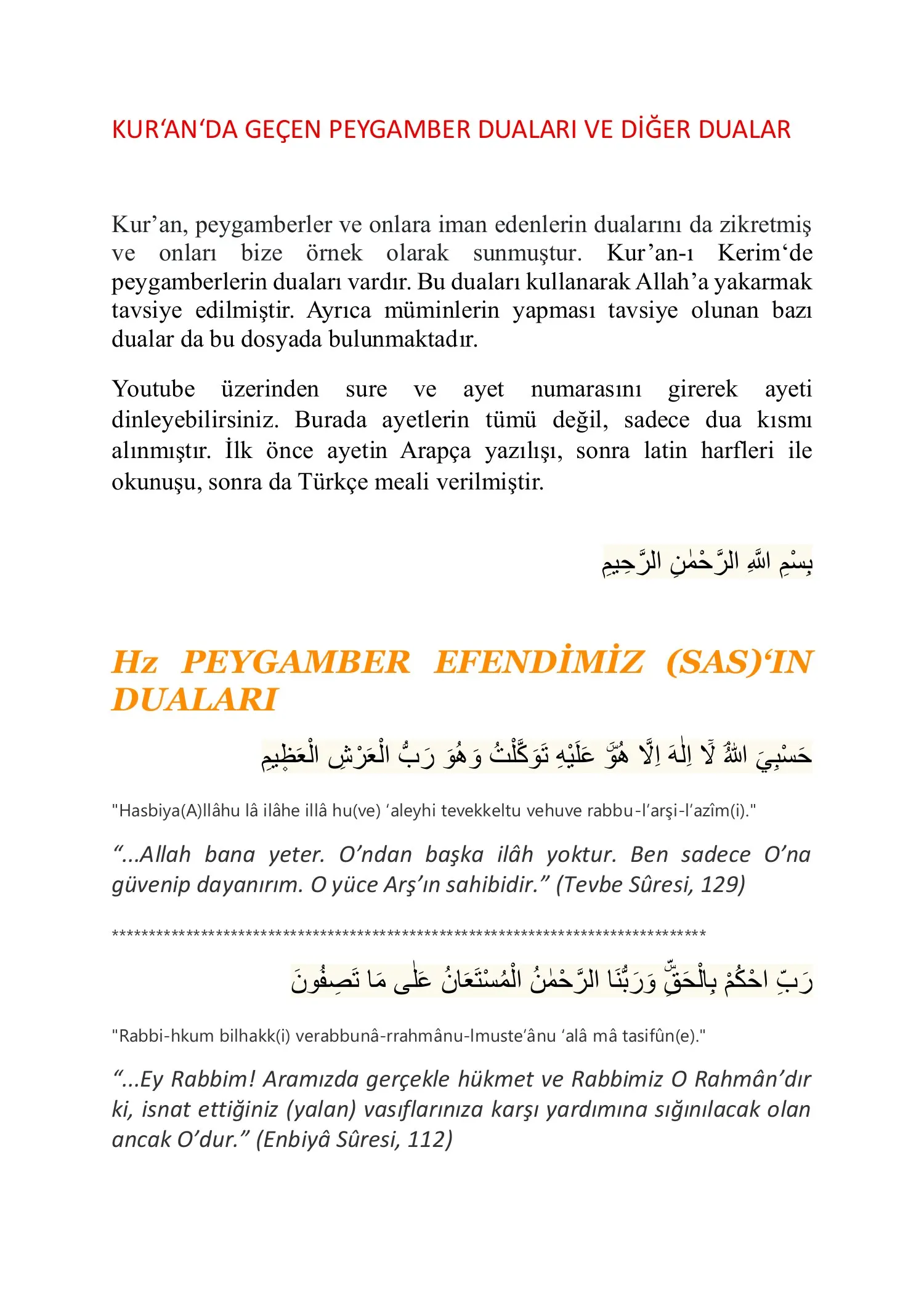 Kur'an'da Geçen Nebi Duaları — first page